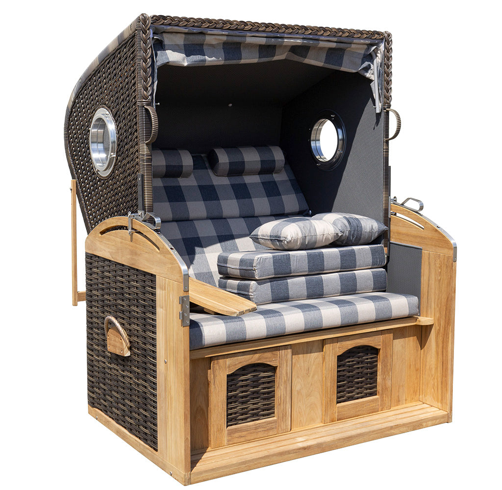 XL Teak Strandkorb 2-Sitzer Vollieger grau-beige kariert