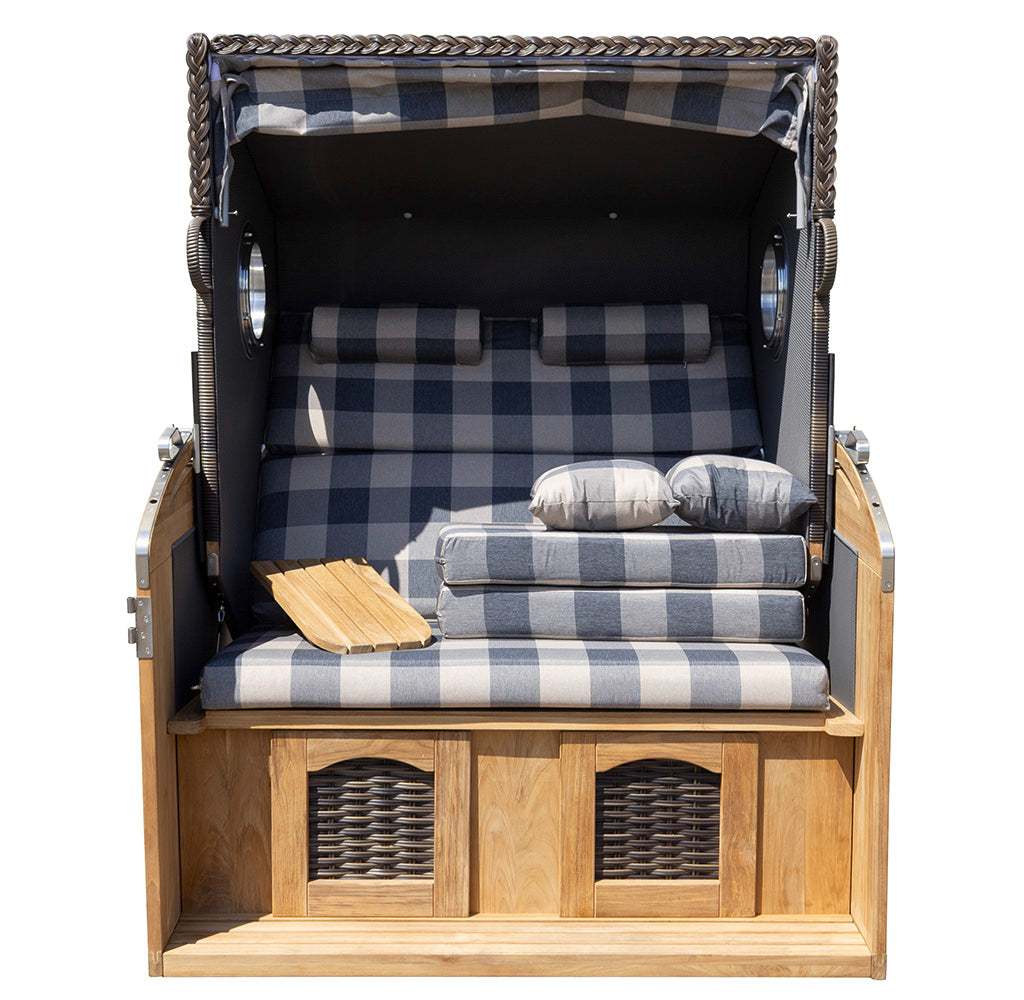 XL Teak Strandkorb 2-Sitzer Vollieger grau-beige kariert