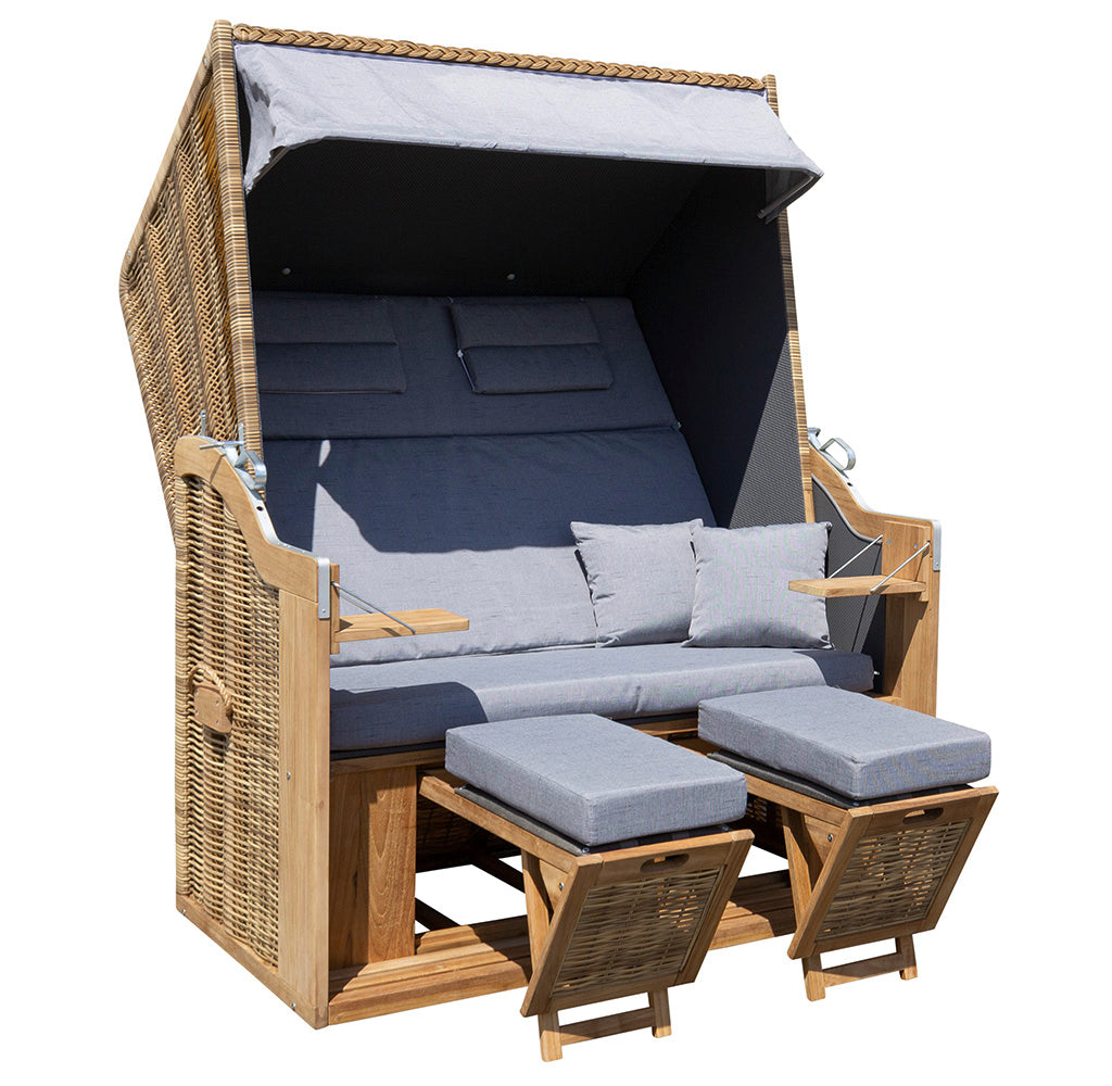 XL Teak Strandkorb 2-Sitzer grau – B-Ware mit leichten Polsterflecken (voll funktionsfähig)