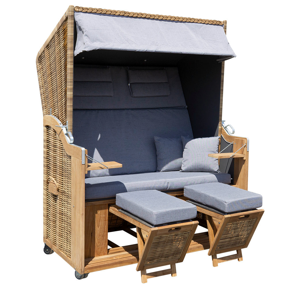 XL Teak Strandkorb 2-Sitzer grau – B-Ware mit leichten Polsterflecken (voll funktionsfähig)