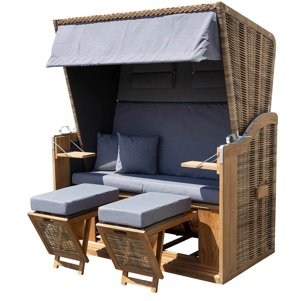 XL Teak Strandkorb 2-Sitzer grau – B-Ware mit leichten Polsterflecken (voll funktionsfähig)