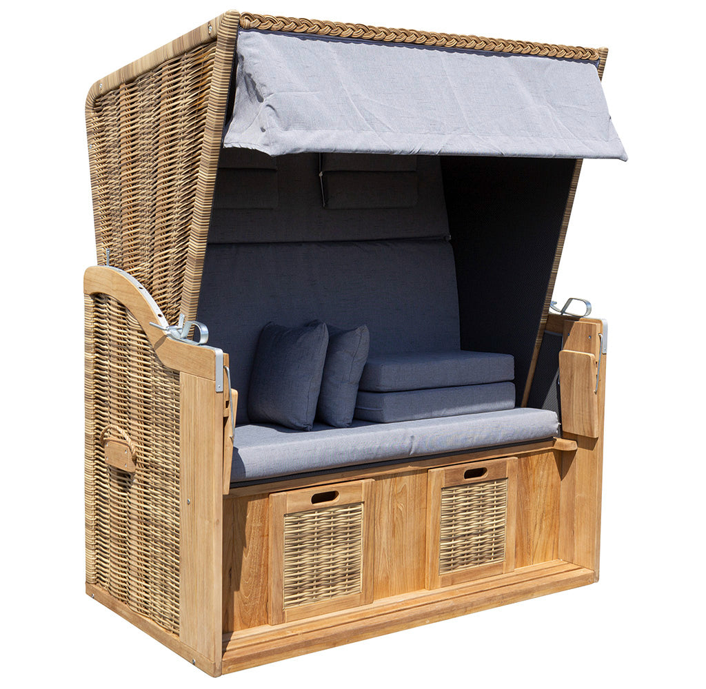 XL Teak Strandkorb 2-Sitzer grau – B-Ware mit leichten Polsterflecken (voll funktionsfähig)
