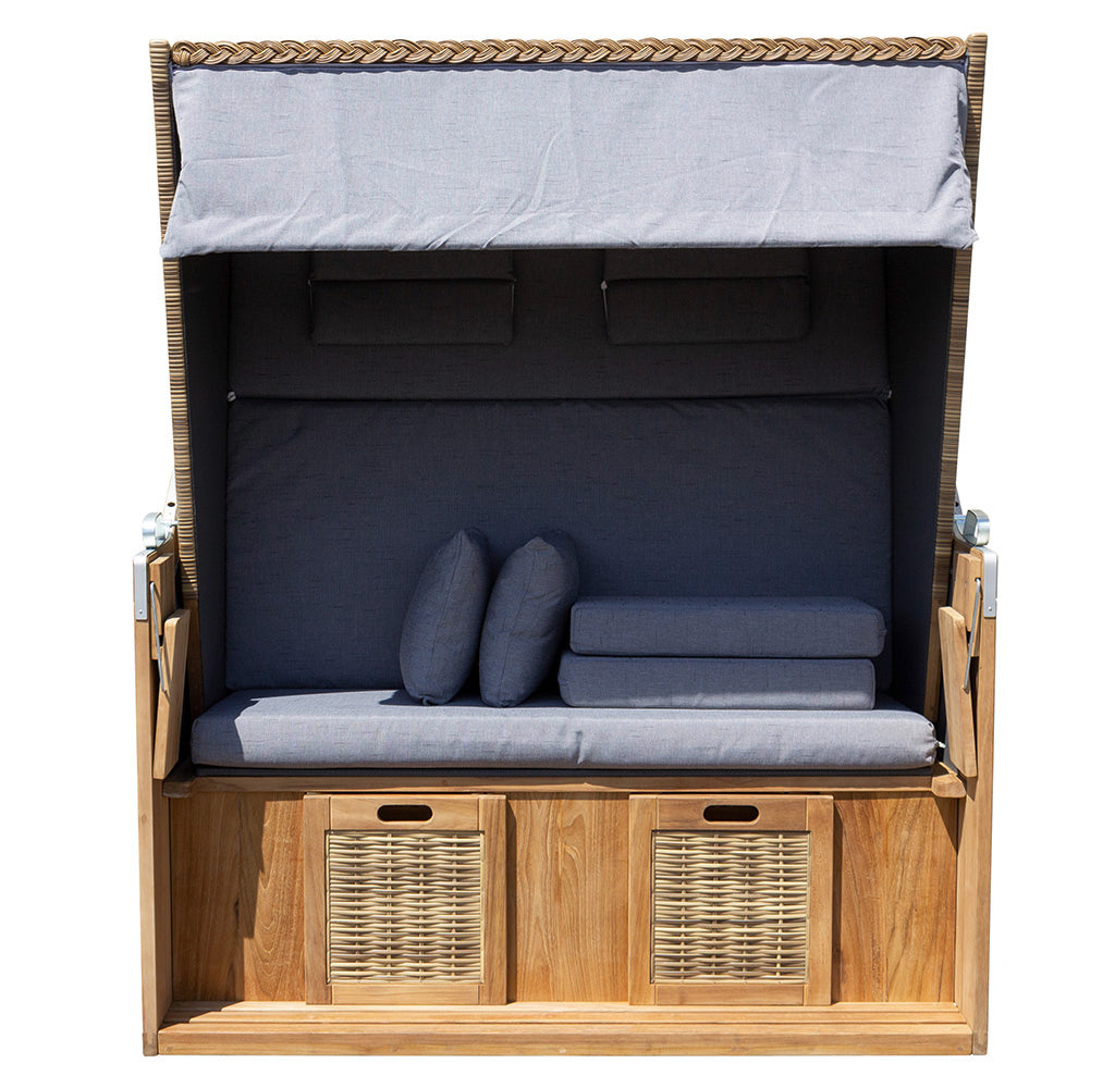 XL Teak Strandkorb 2-Sitzer grau – B-Ware mit leichten Polsterflecken (voll funktionsfähig)