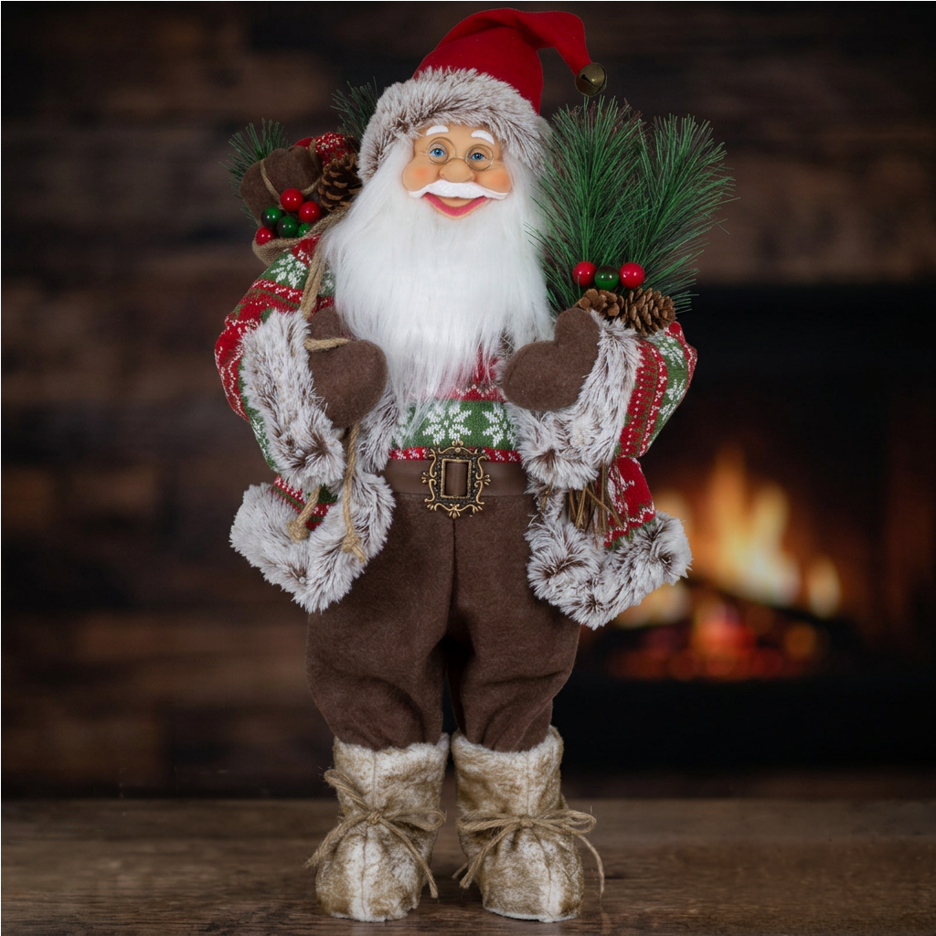 Weihnachtsmann 60 cm mit Tannenzweigen Zapfen und Wintermantel