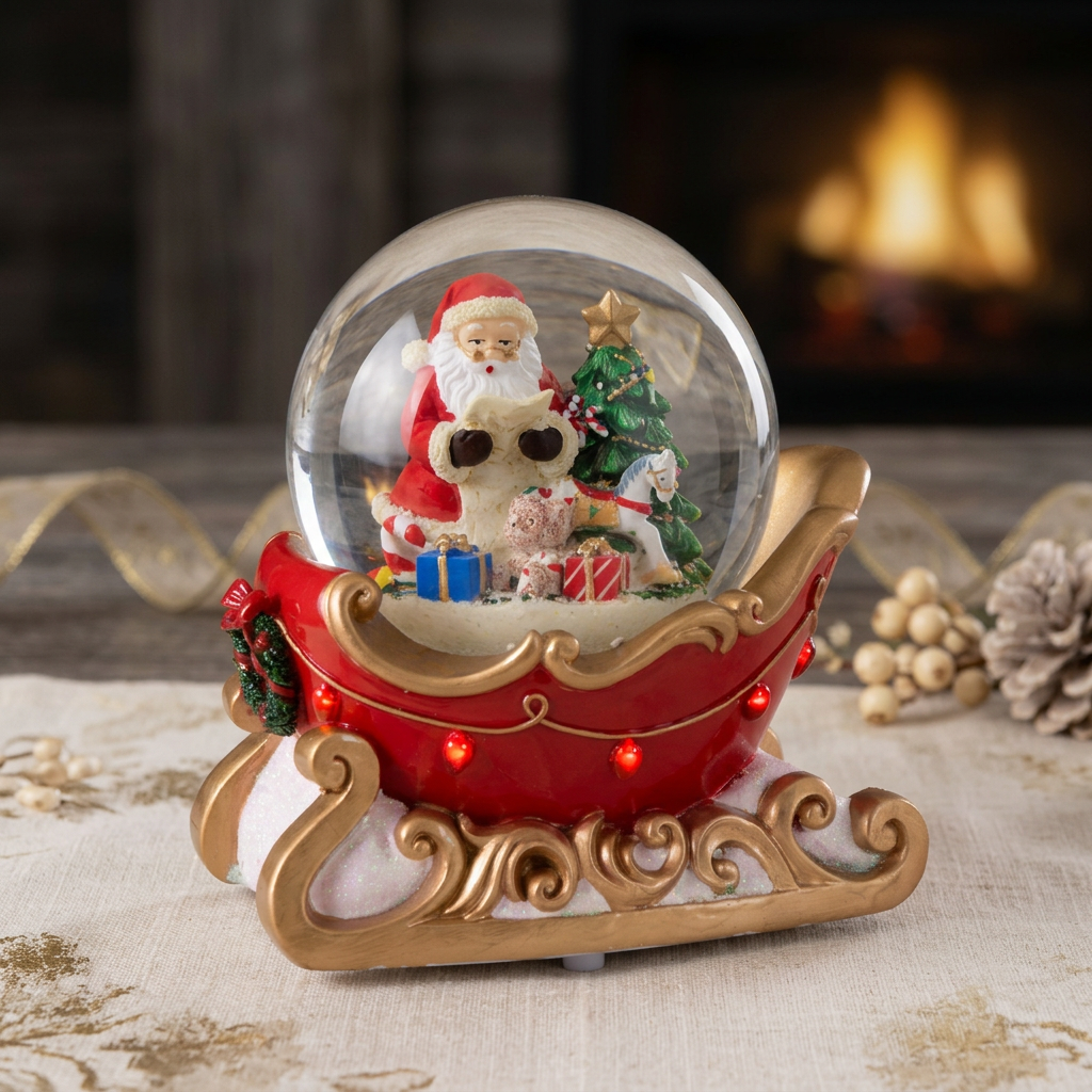Schneekugel mit Spieluhr 16cm Schlitten mit Weihnachtsmann