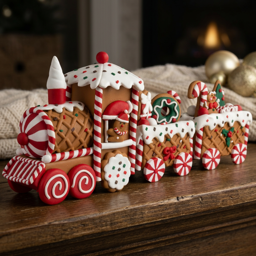 Festlicher Lebkuchenzug mit süßen Weihnachtsdetails und 2 Waggons 33cm