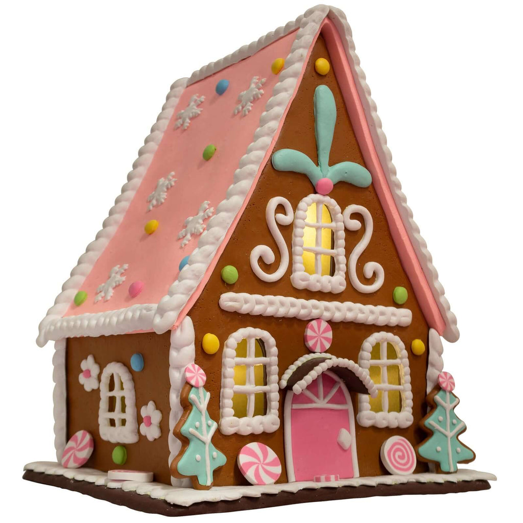 LED Lebkuchenhaus 23cm braun-rosa
