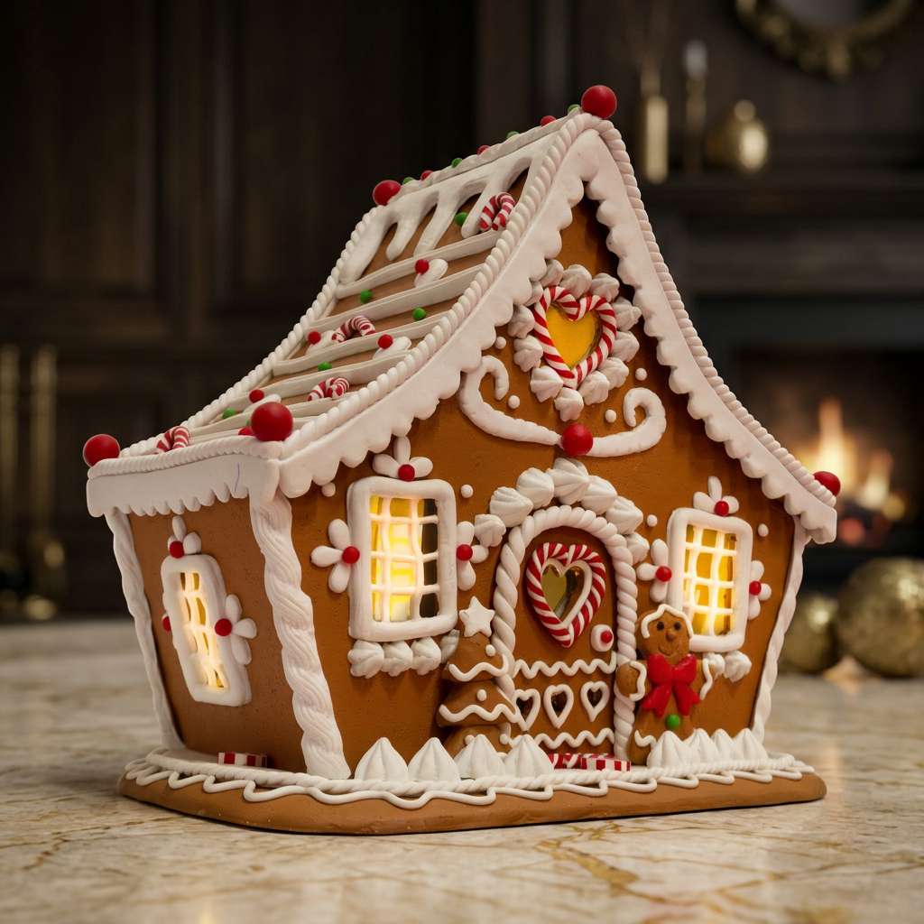 Beleuchtetes Lebkuchenhaus 21 cm mit LED-Licht und weißen Verzierungen