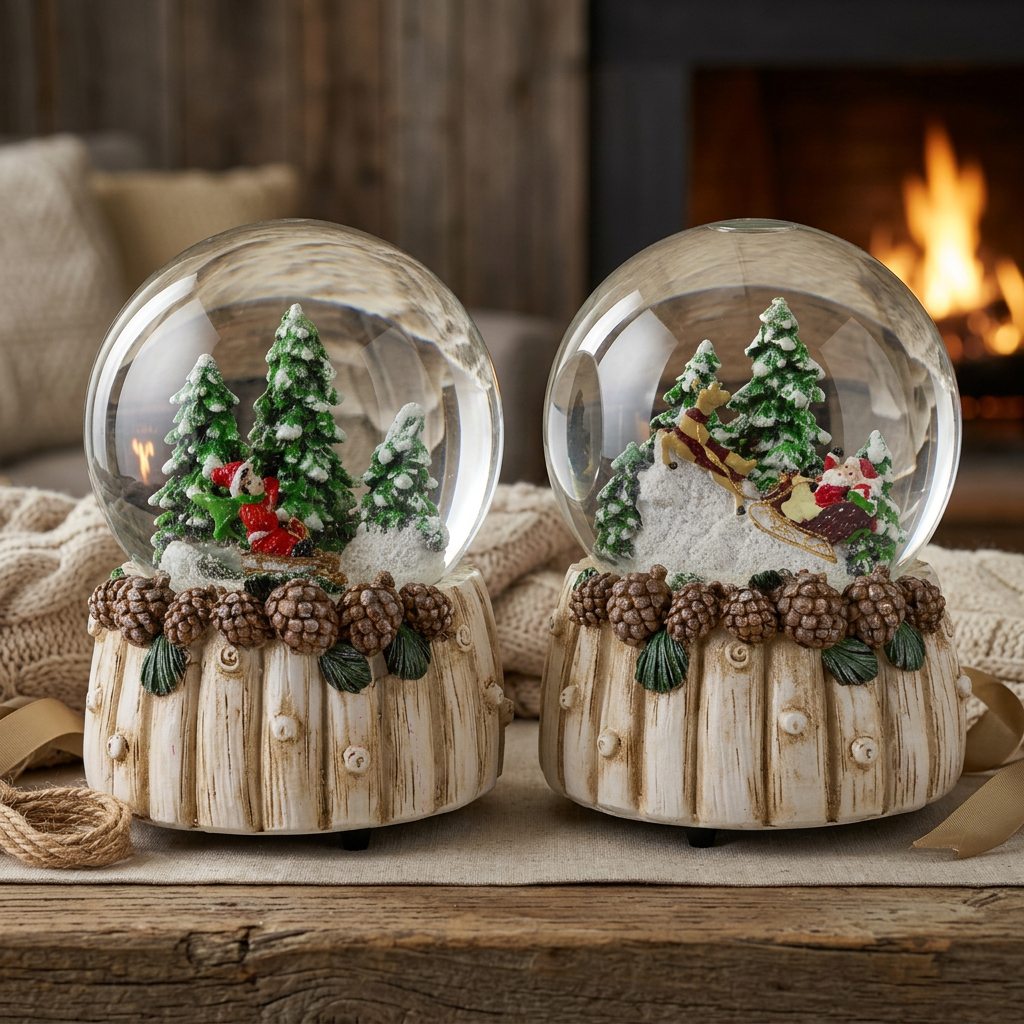 Schneekugeln mit Spieluhr 15cm, 2 Designs im Set