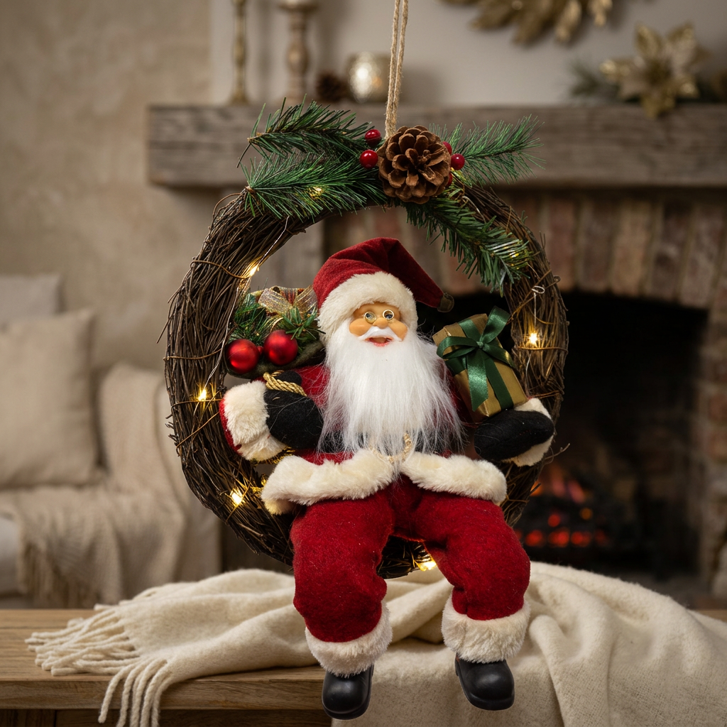 Weihnachtsmann 30cm im Kranz mit LED
