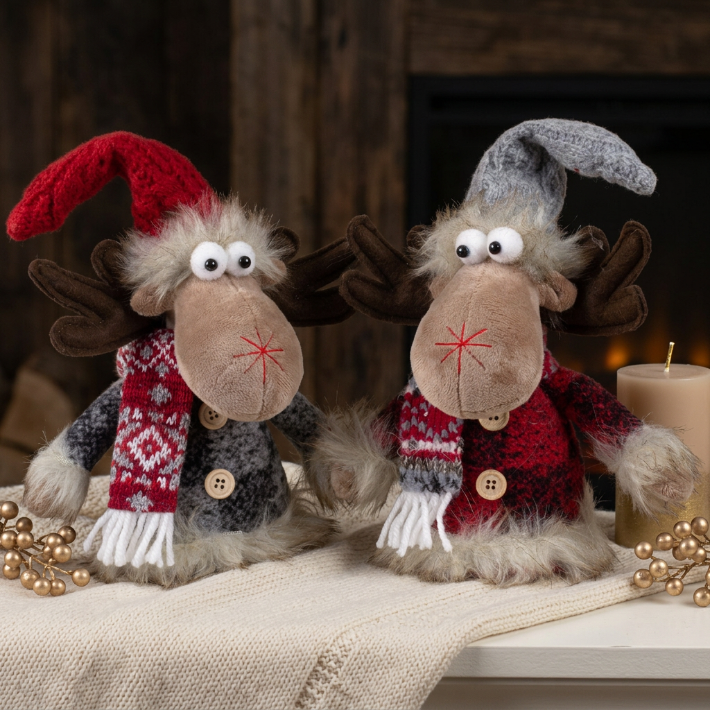 Sitzender Elch 23cm, 2 Stück – Weihnachtlicher Deko-Elch mit Zipfelmütze und Schal | Weihnachtsdekoration2 Stück