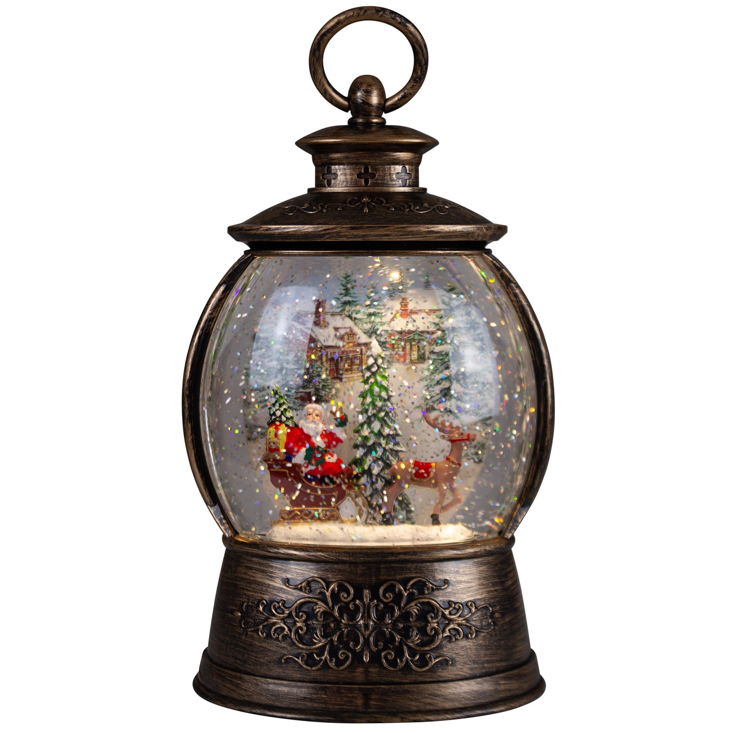 LED Schneelaterne Weihnachtsmann mit Rentier 24cm + Musik