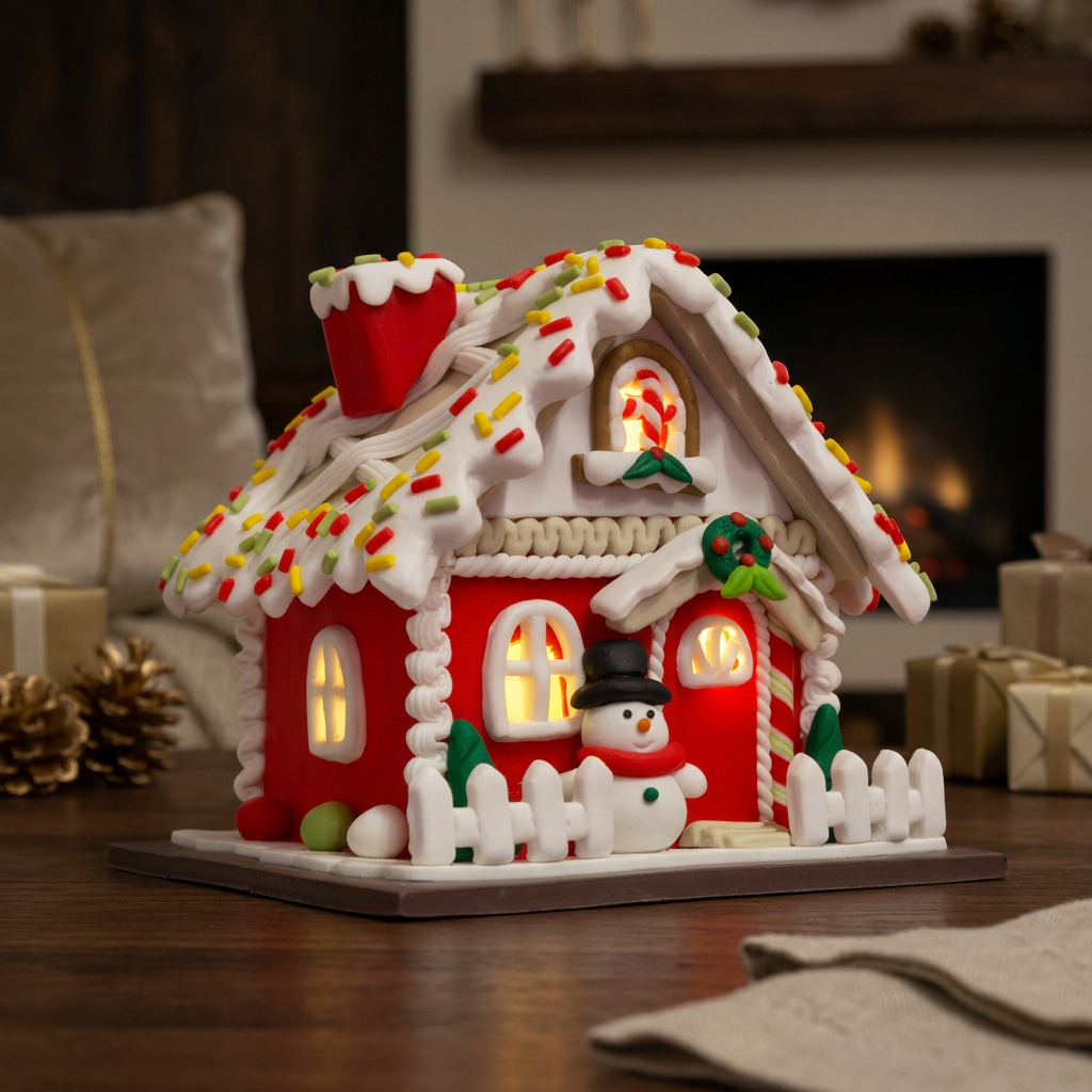 LED Gingerbread House 13cm Red-White
