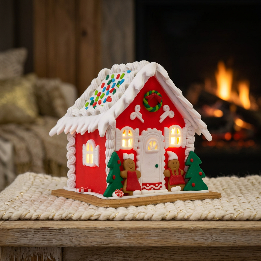 LED Gingerbread House 13cm red-white