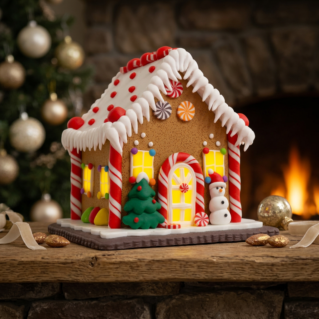 LED Lebkuchenhaus 14cm braun-weiß
