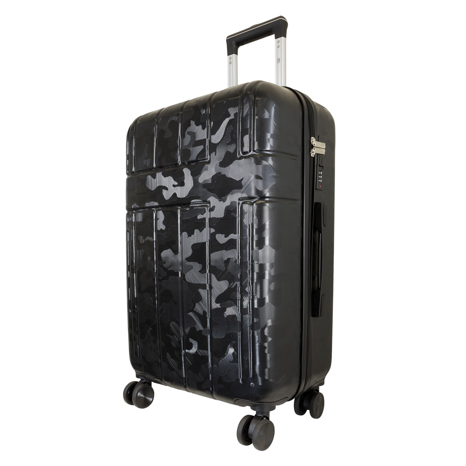Mittlerer Reisekoffer Camo aus ABS mit 4 Doppelrädern und Zahlenschloss, robustes Design für sicheres Reisen.