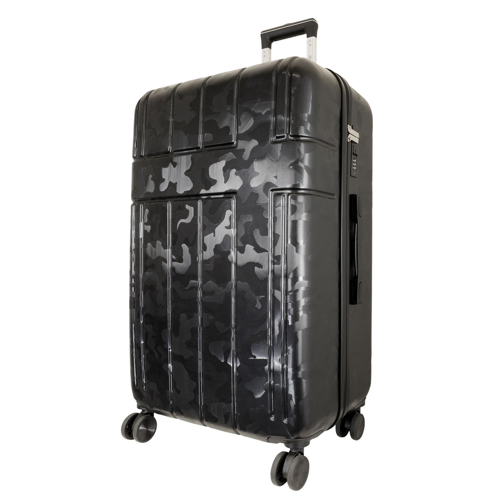Großer ABS Reisekoffer in Schwarz mit Camo-Muster, ausgestattet mit 4 Doppelrädern und sicherem Zahlenschloss.