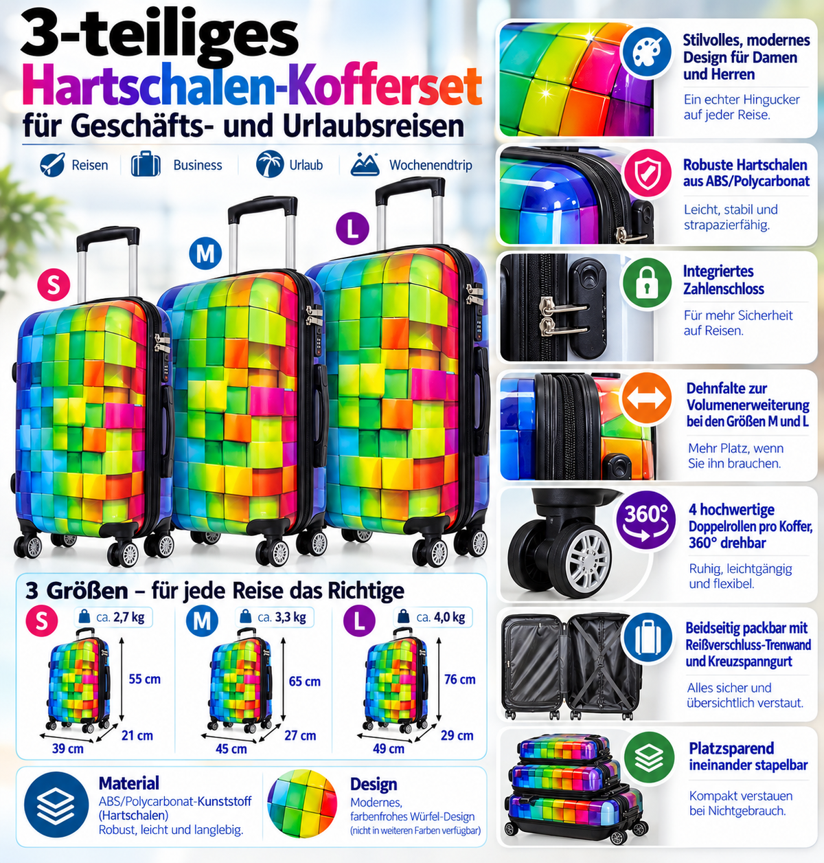 Motivkoffer Design Mosaik – Reisekoffer mit Motiv – Hartschale ABS/Polycarbonat – S M L – leicht & robust
