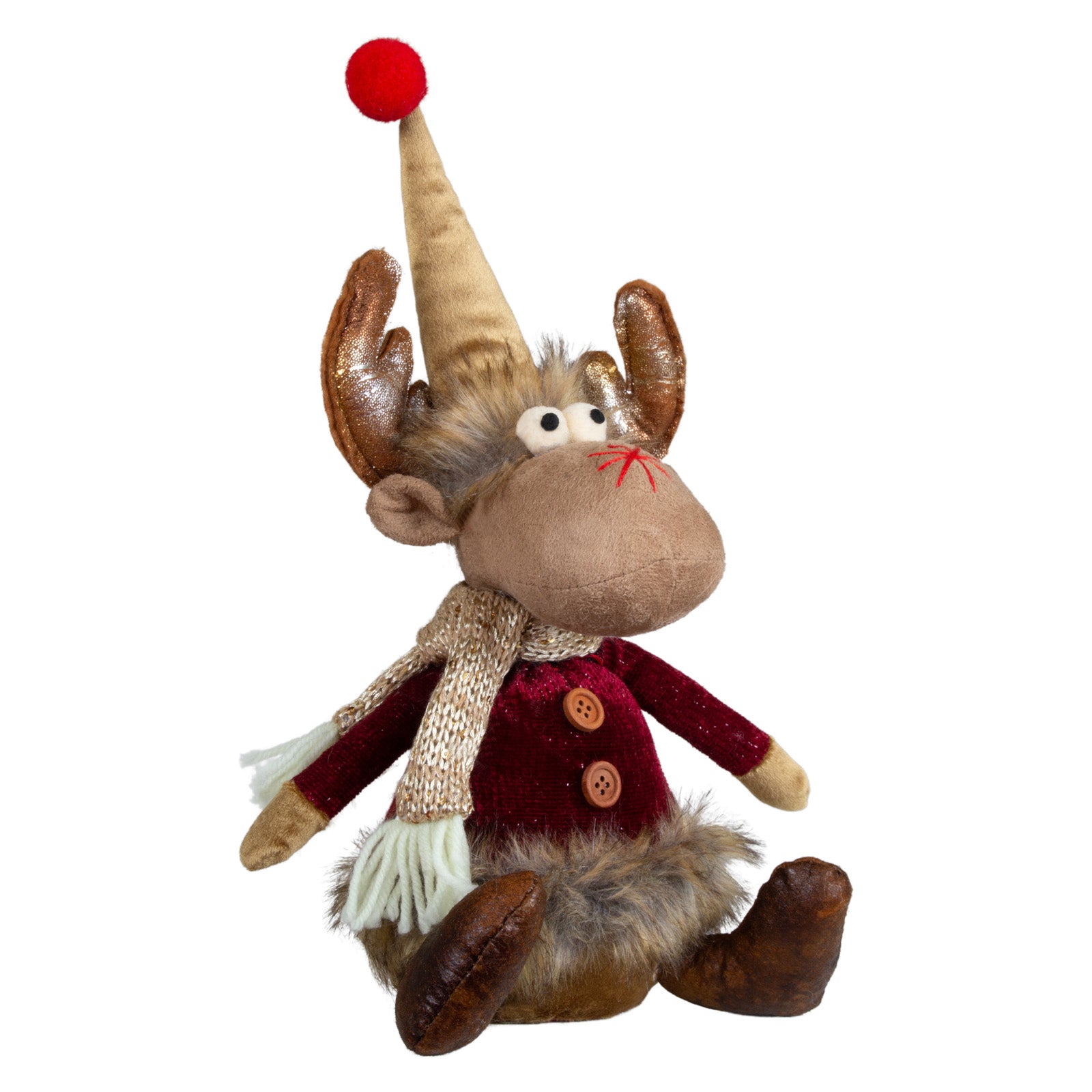 Deko-Elch sitzend mit Zipfelmütze & Glitzer-Geweih 24cm