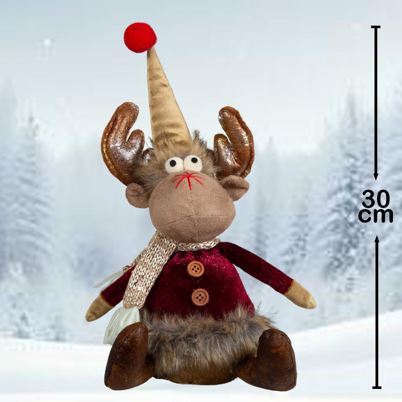 Deko-Elch sitzend mit Zipfelmütze & Glitzer-Geweih 30cm