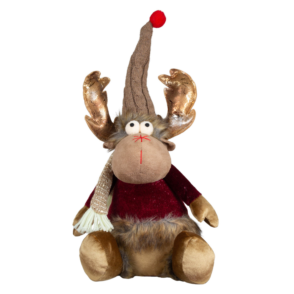 Deko-Elch sitzend mit Zipfelmütze & Glitzer-Geweih 32cm