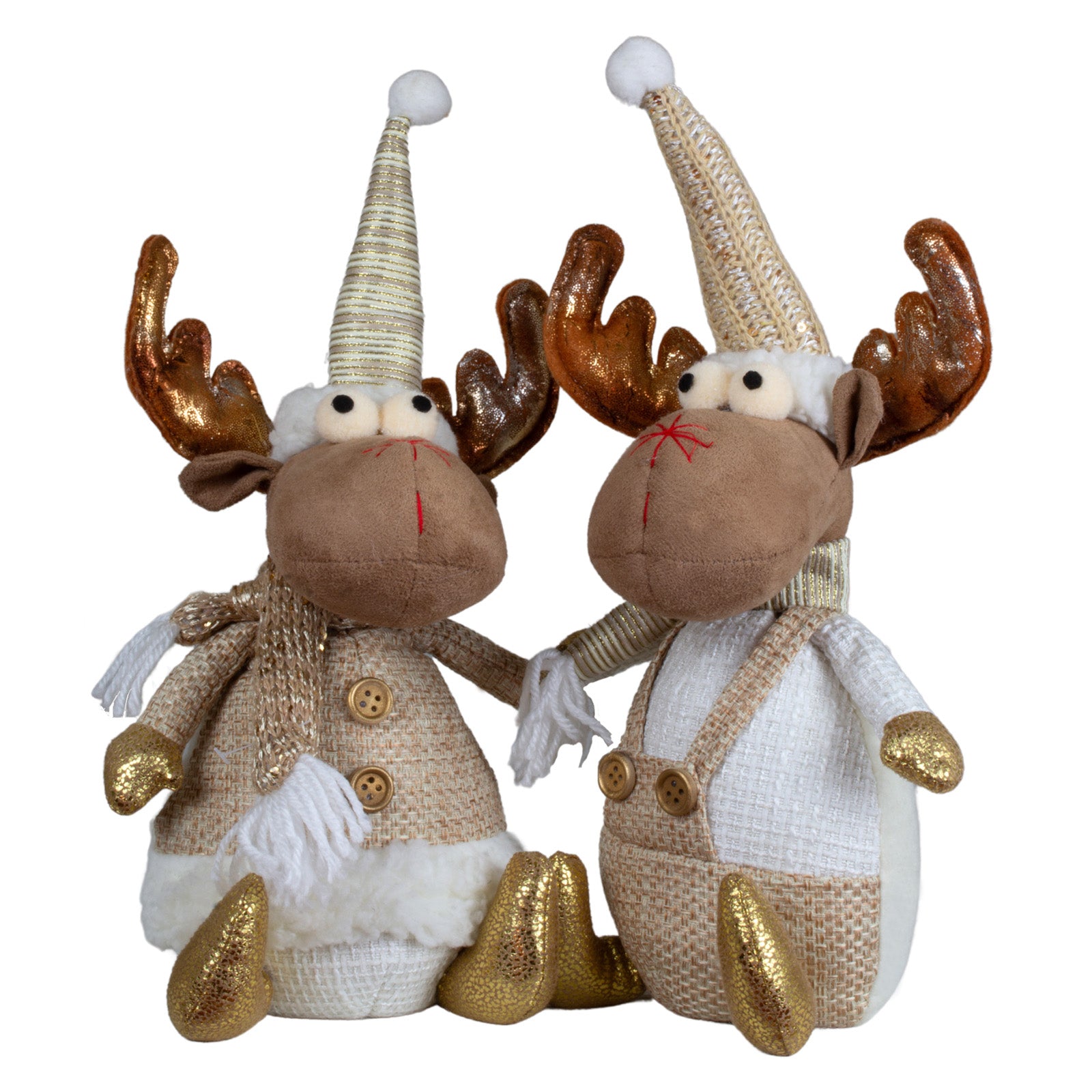 Elch Deko Set 2 Designs sitzend 25cm (31cm) mit goldenen Akzenten, Mütze & Schal