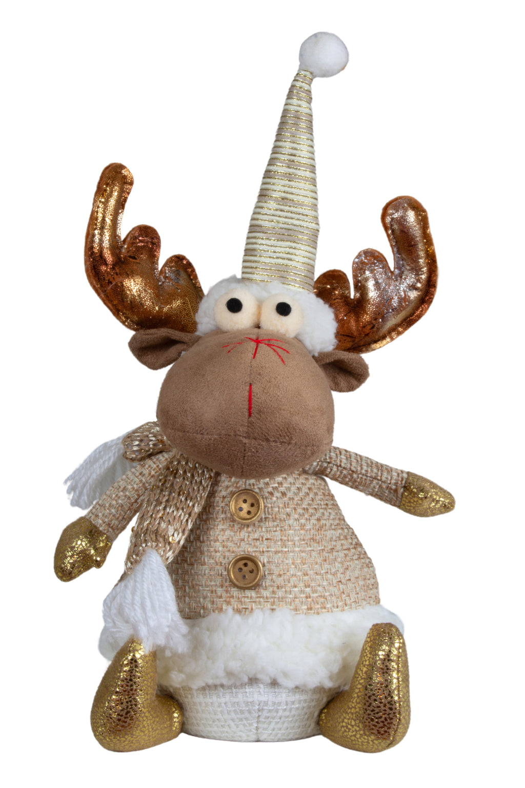 Elch Deko Set 2 Designs sitzend 25cm (31cm) mit goldenen Akzenten, Mütze & Schal