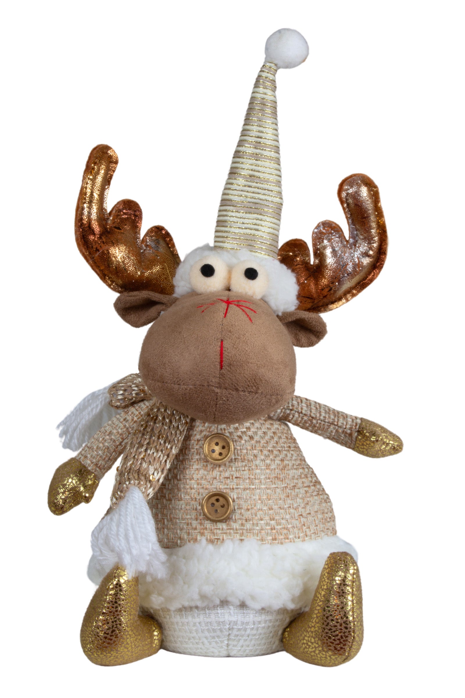 Elch Deko Set 2 Designs sitzend 25cm (31cm) mit goldenen Akzenten, Mütze & Schal