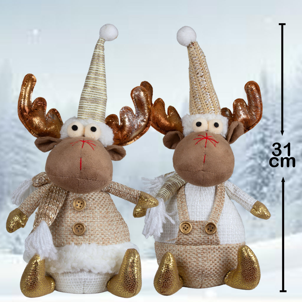Elch Deko Set 2 Designs sitzend 25cm (31cm) mit goldenen Akzenten, Mütze & Schal