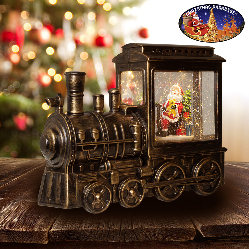 LED Schneelaterne Lokomotive 23 cm mit Schneeflocken & Licht Batteriebetrieb
