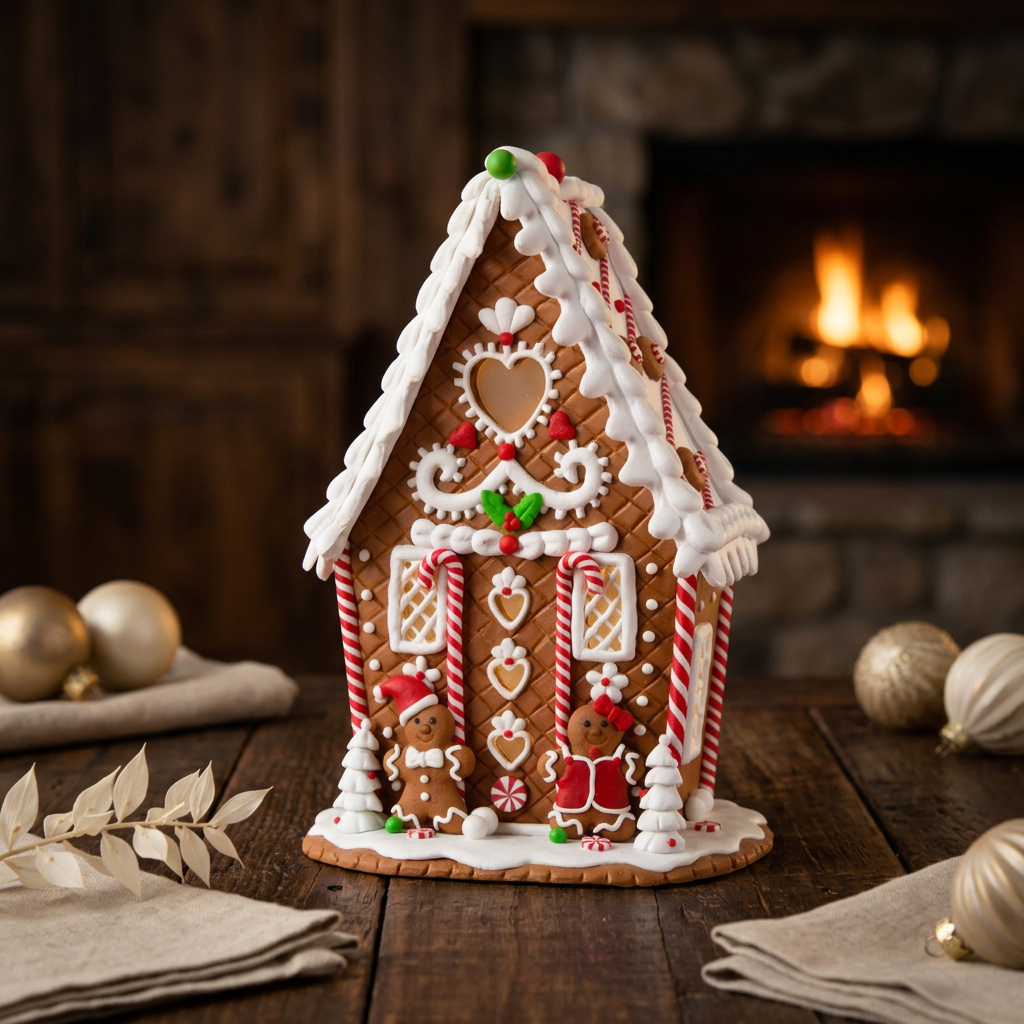 Festlich verziertes LED-Lebkuchenhaus mit Lebkuchenfiguren 23cm