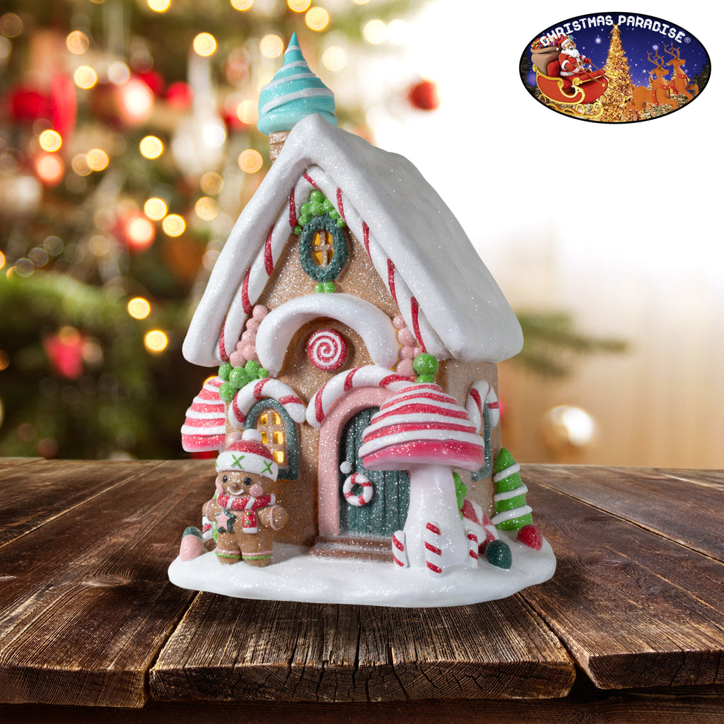 LED Lebkuchenhaus 30cm weiß und rosa