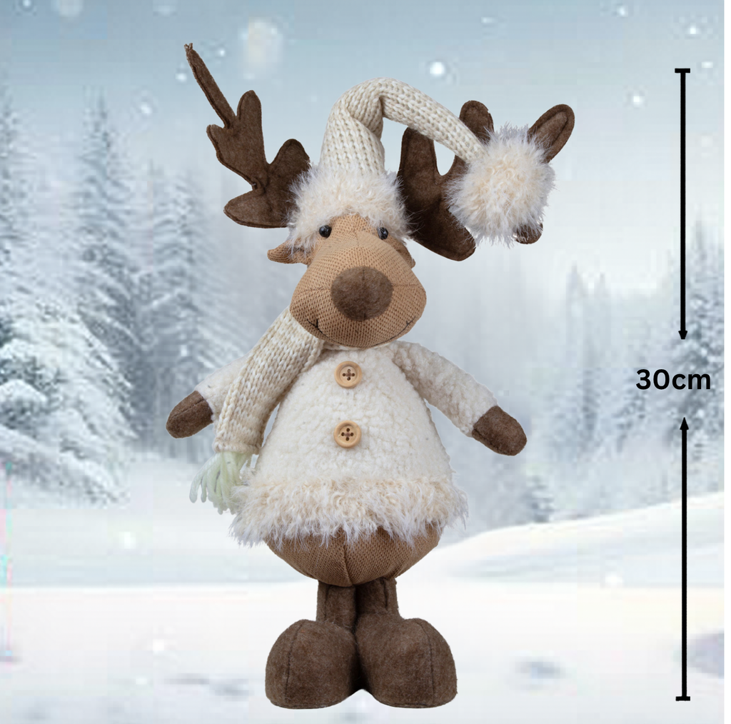 Elch 30cm (46cm) stehend Dekofigur mir Bommermütze und Schal beige