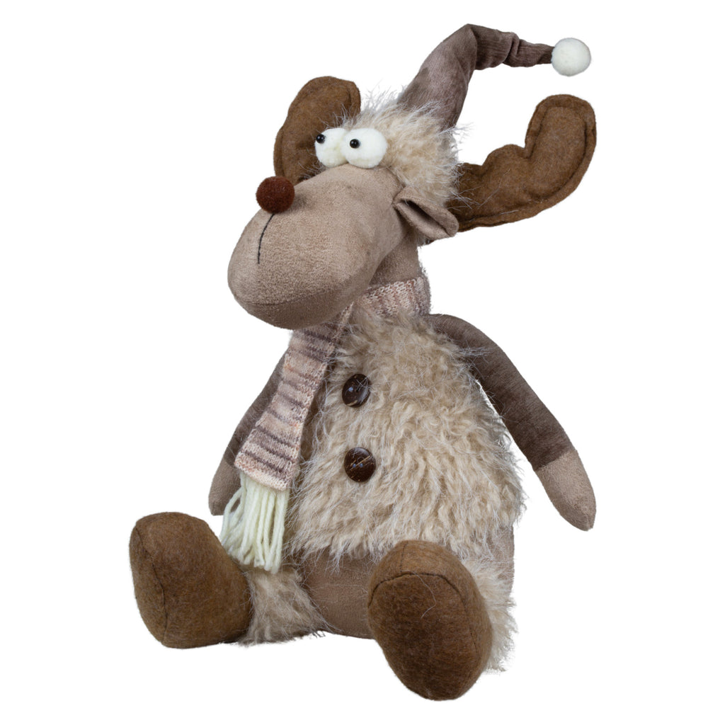 Elch sitzend 30cm Dekofigur mit flauschiger Jacke und Mütze braun