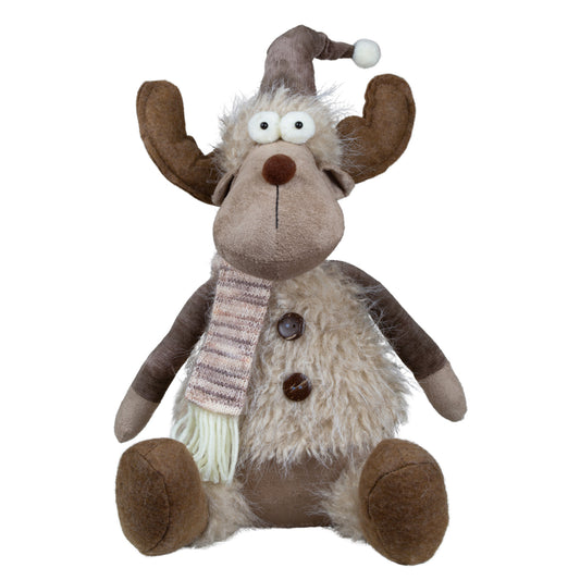 Elch sitzend 30cm Dekofigur mit flauschiger Jacke und Mütze braun