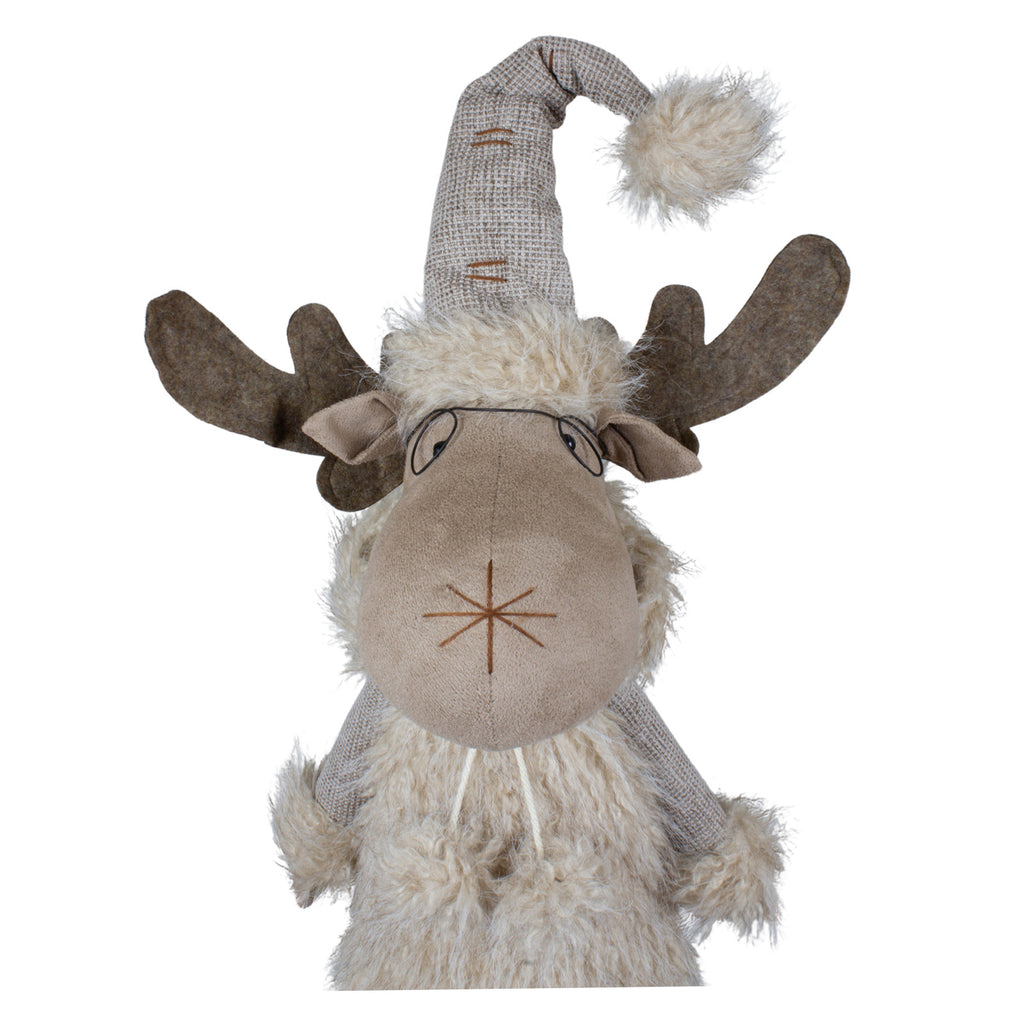 Elch stehend 75cm Dekofigur mit Brille & Mütze beige
