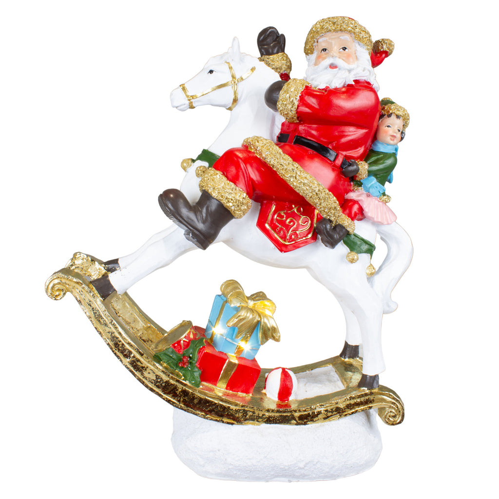 LED Tischdeko Weihnachtsmann auf Schaukelpferd 32cm