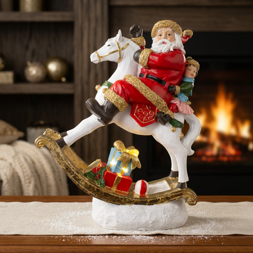 LED Tischdeko Weihnachtsmann auf Schaukelpferd 32cm