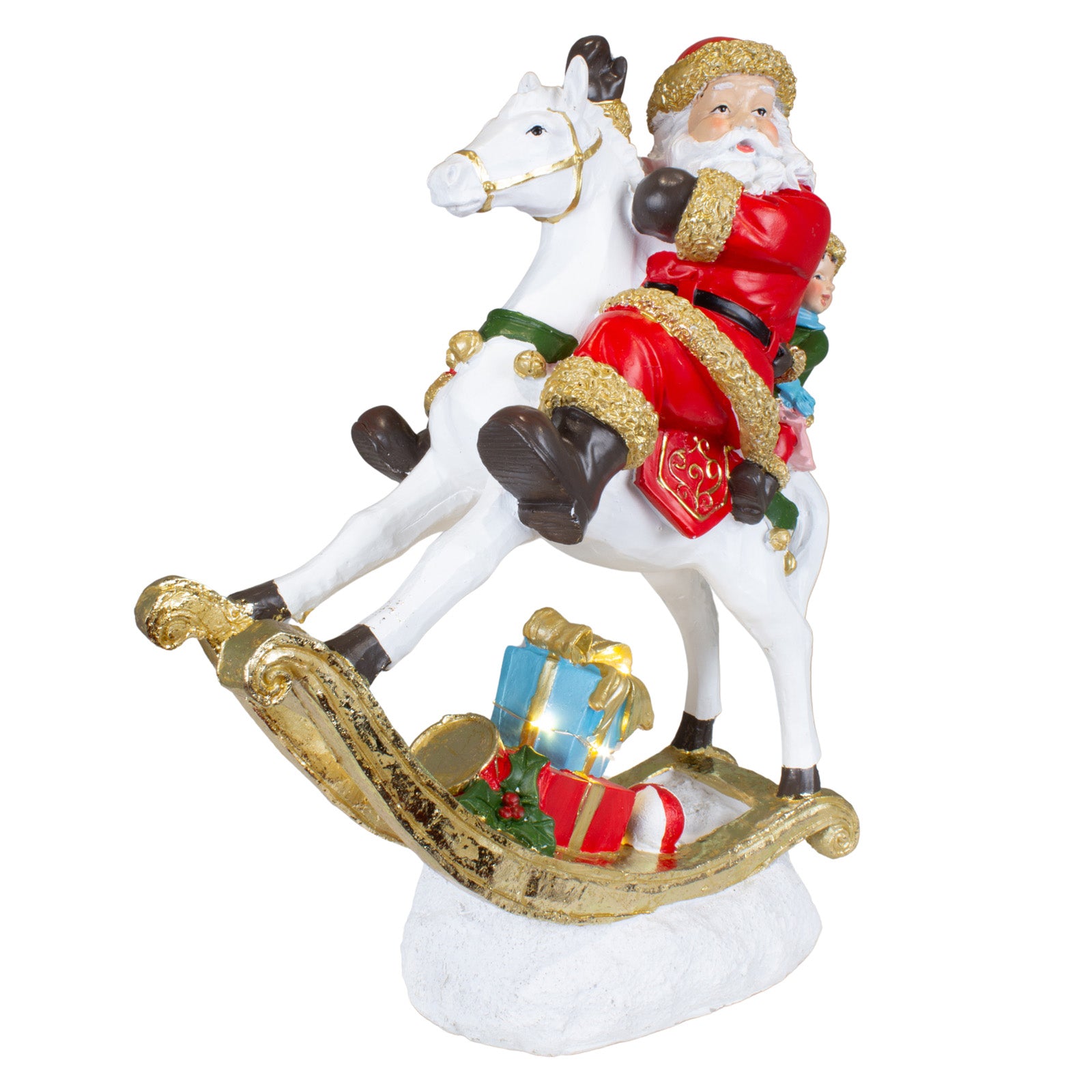 LED Tischdeko Weihnachtsmann auf Schaukelpferd 32cm