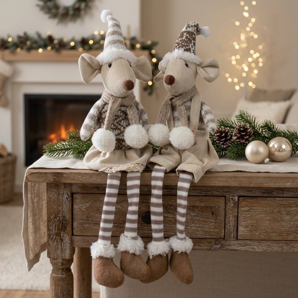 Weihnachtsmaus Kantenhocker 22cm(43 cm) – 2 Designs mit Strickmützen & flauschigen Bommeln
