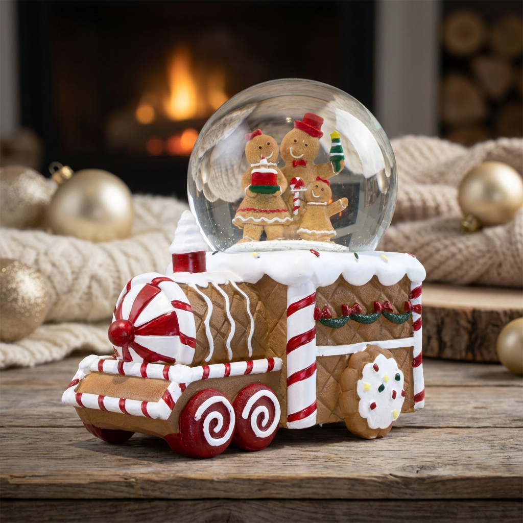 Schneekugel mit Spieluhr 17cm Lebkuchenfigur im Zug