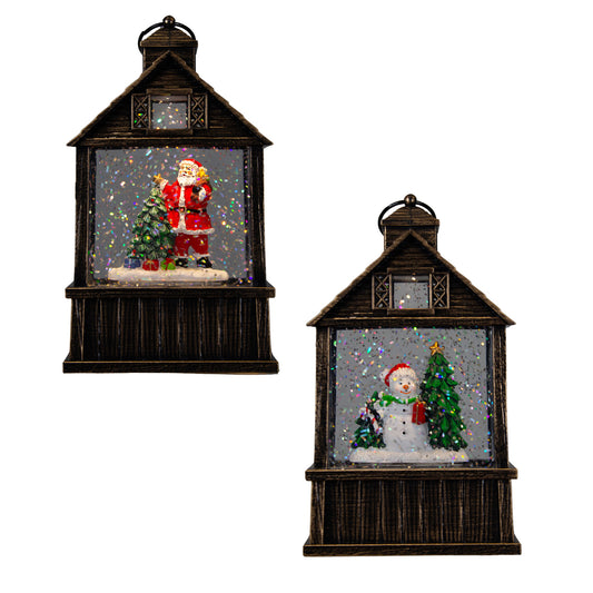 LED Schneelaterne 2er set Weihnachtsmann und Schneemann 17cm + Musik