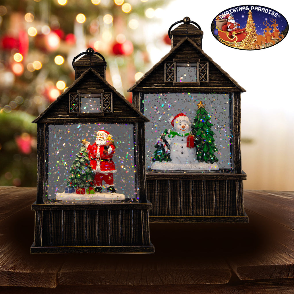 LED Schneelaterne Weihnachtsmann und Schneemann 17cm 2 Designs + Musik