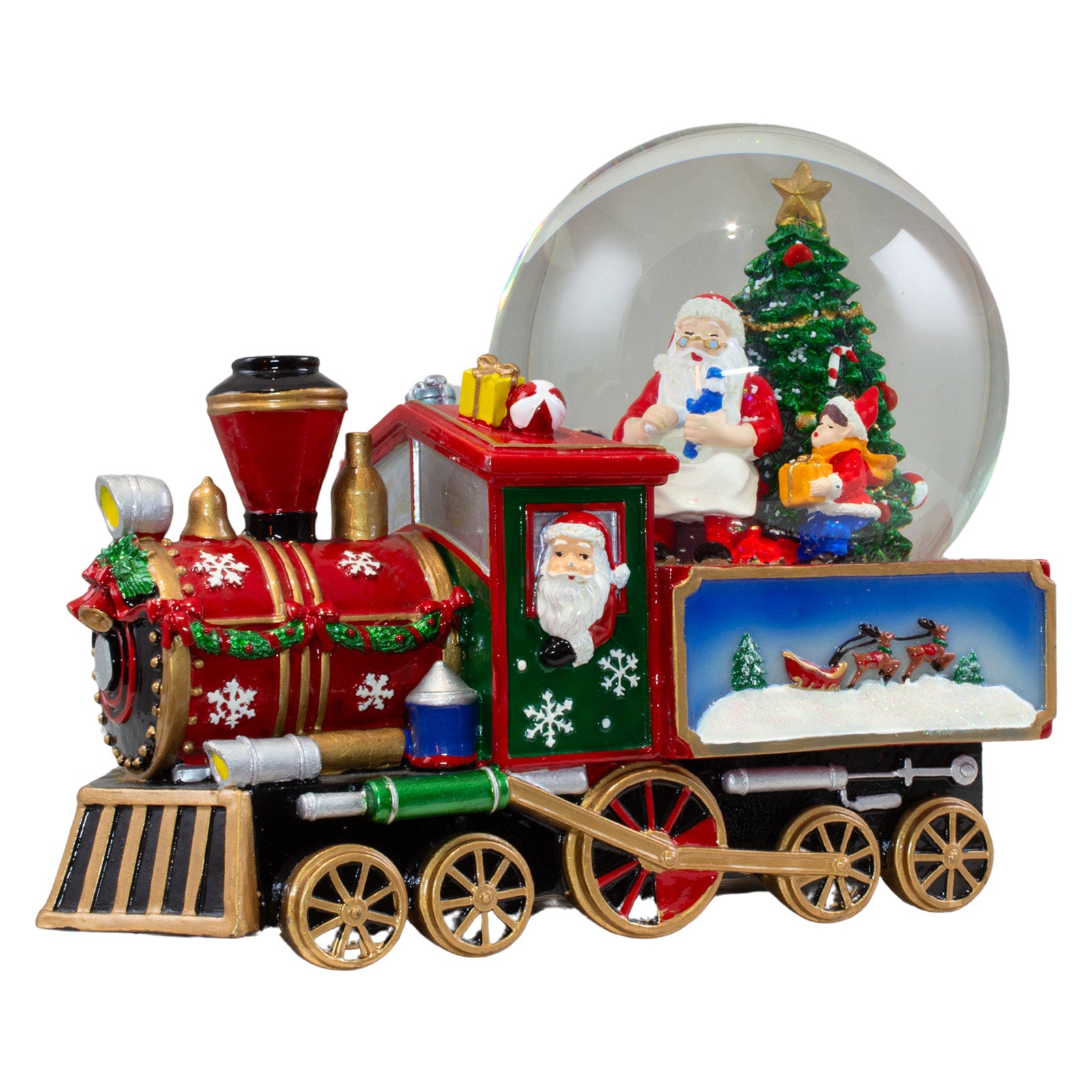 Schneekugel mit Spieluhr 22cm Weihnachtsmann im Zug