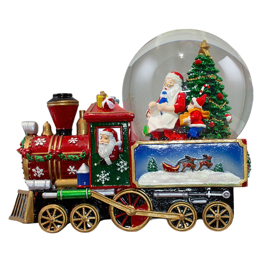 Schneekugel mit Spieluhr 22cm Weihnachtsmann im Zug