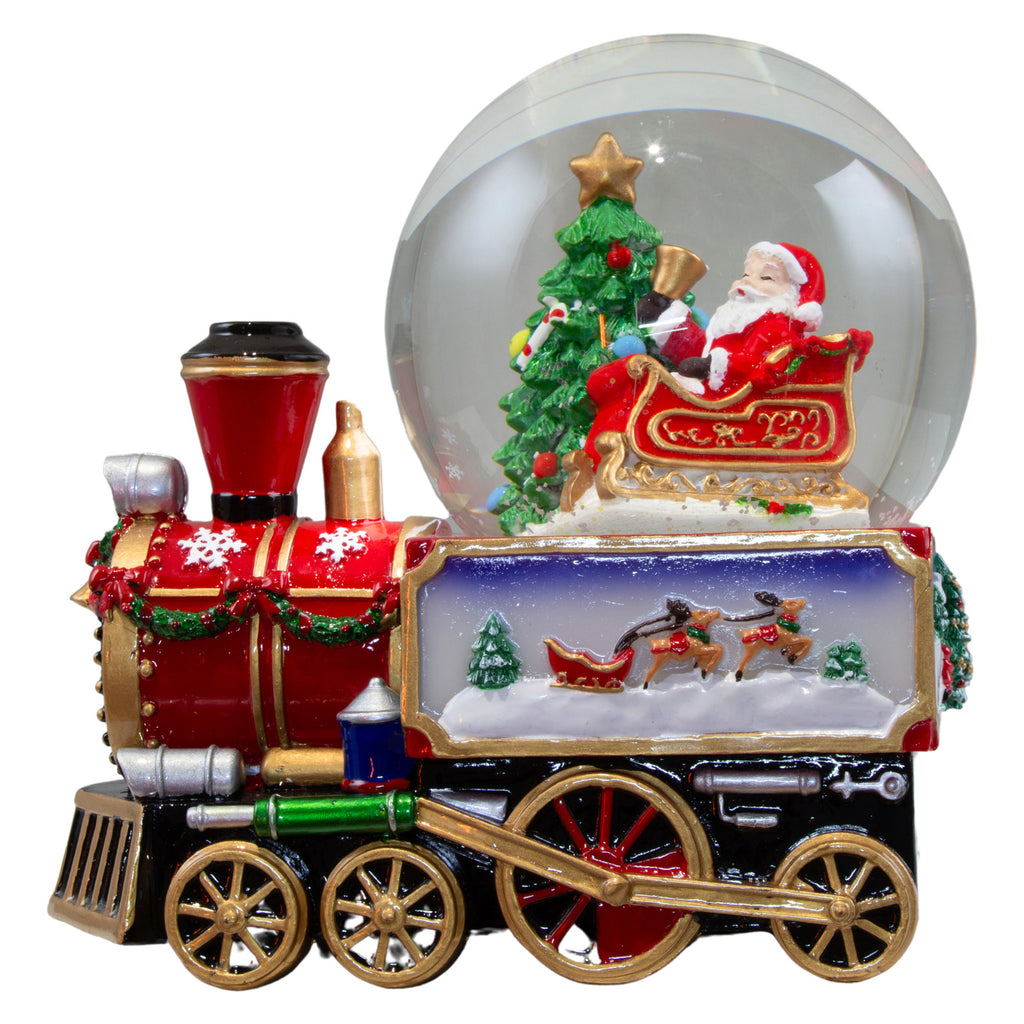 Schneekugel mit Spieluhr 16cm Weihnachtsmann im Zug