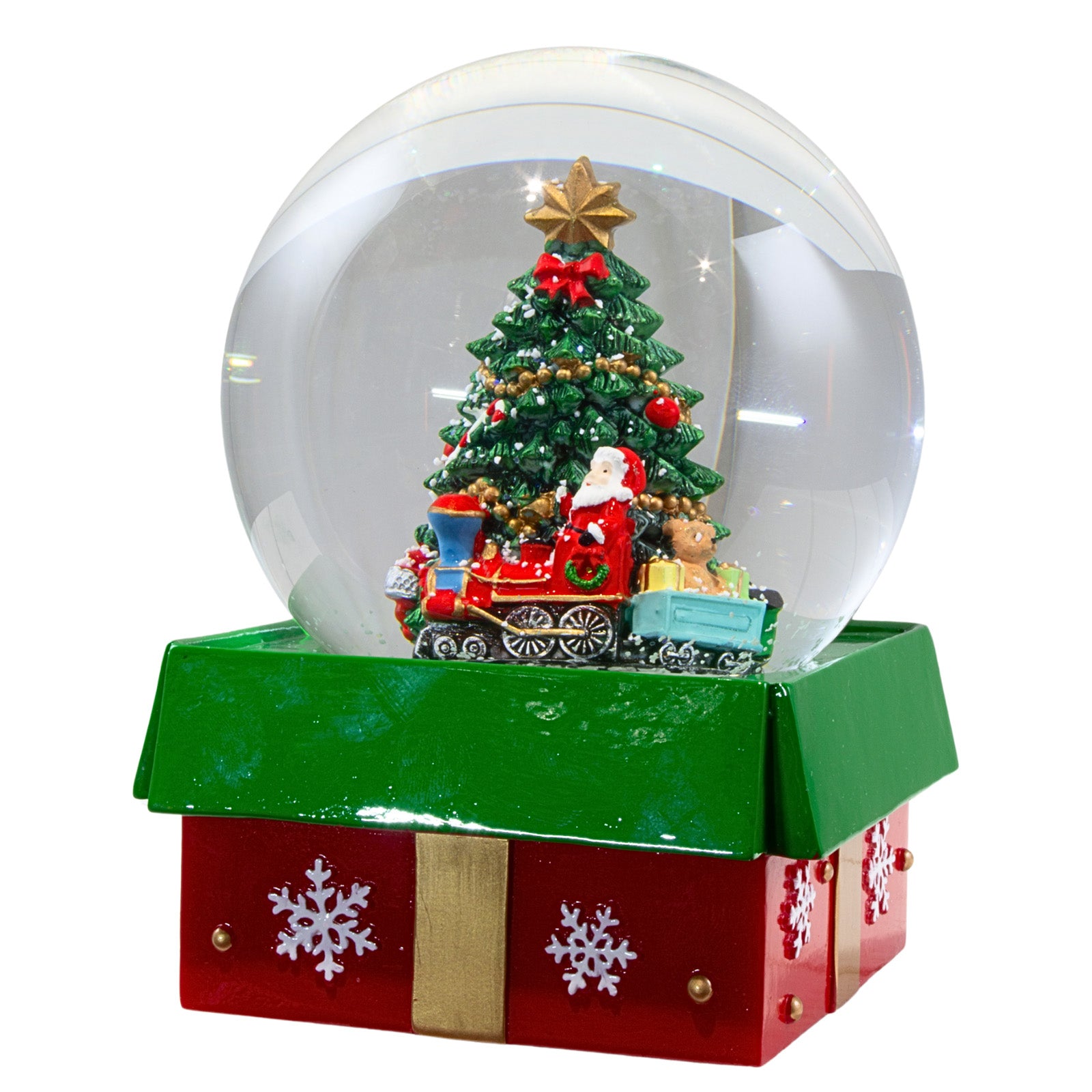 Schneekugel mit Spieluhr 16cm Weihnachtsmann im Zug mit Baum in Geschenkbox