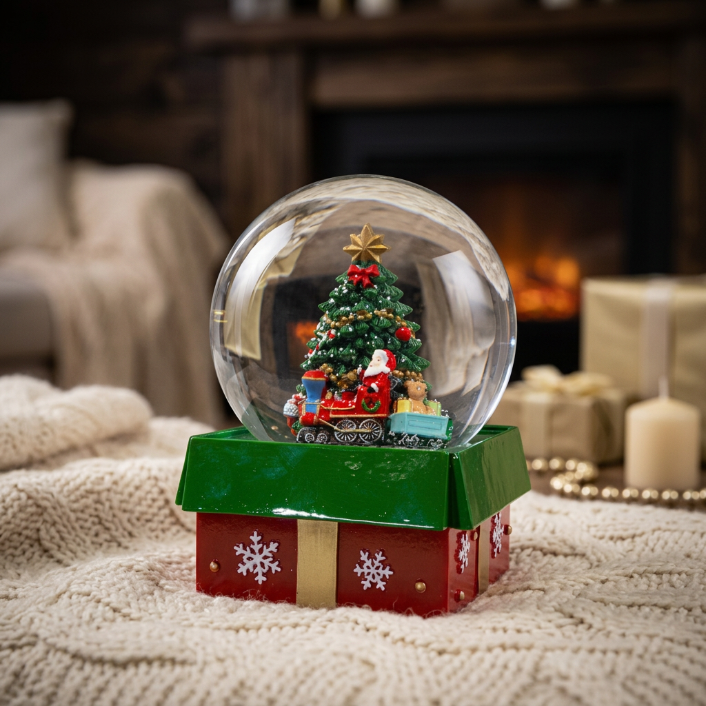 Schneekugel mit Spieluhr 16cm Weihnachtsmann im Zug mit Baum in Geschenkbox