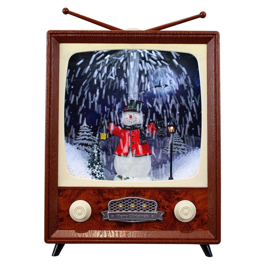 LED Schneelaterne Schneemann TV 30cm mit Musik, Licht und Schneewirbel