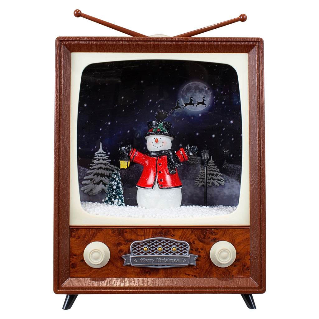 LED Schneelaterne Schneemann TV 30cm mit Musik, Licht und Schneewirbel